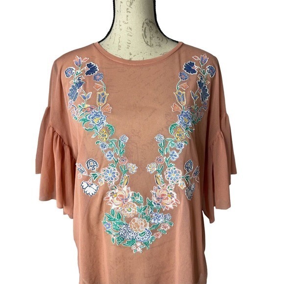 ZARA Top Women's 8 Embroidered Tulle Ruffled Short Sleeves Blouse Multi - Picture 4 of 6